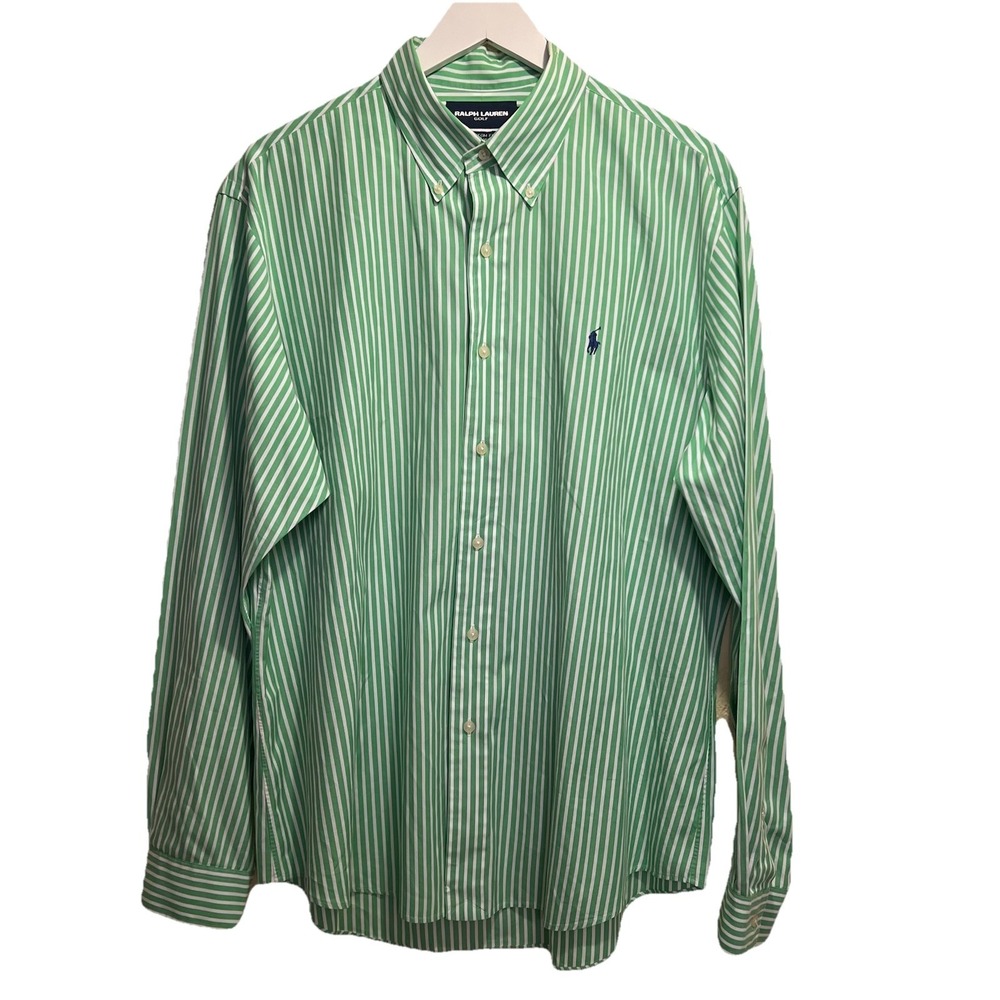 Men's Vintage Polo Ralph Lauren Golf Green Striped Button Up Dress Shirt Size XL